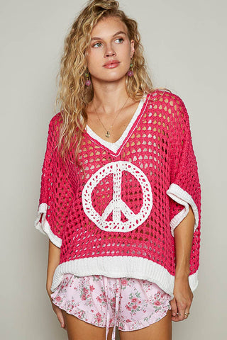 Pol Clothing Oversize V-Neck Short Sleeve Peace Sign Sweater