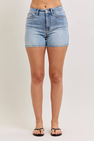 Judy Blue high waist medium wash slim fit denim shorts with clean hem