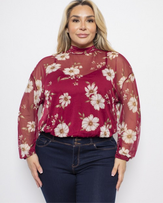 Plus Size Mesh Floral Mock Neck Top1