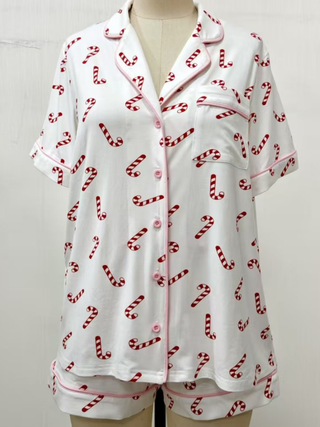 Candy Cane Holiday Short Sleeve Button-Up Pajama Top
