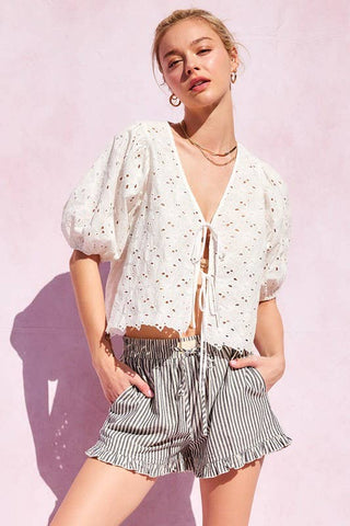 Coastal Stripe Ruffle Hem Drawstring Shorts