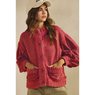 IVE - Washed Vintage Ribbed Knit Trim Cardigan Jacket: RUST / S-M-L-XL(2-2-2-2)