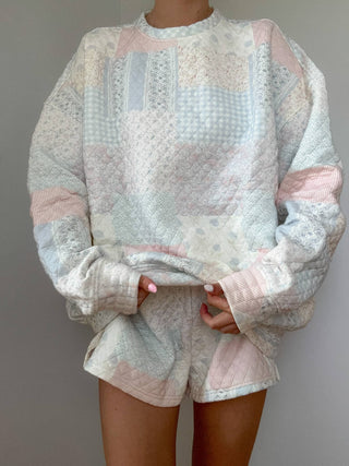 Blue Cottagecore Patchwork Quilted Crewneck Sweatshirt