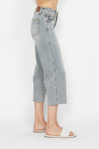 Judy Blue Mid Rise Light Wash Tummy Control Raw Hem Crop Wide Leg Jeans