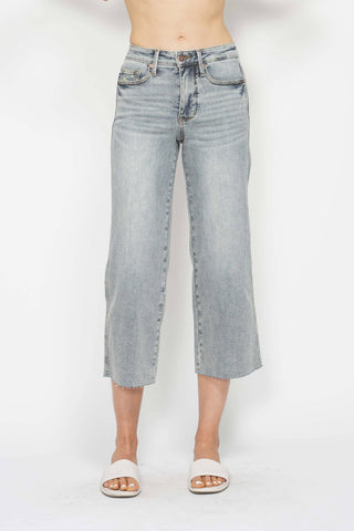 Judy Blue Mid Rise Light Wash Tummy Control Raw Hem Crop Wide Leg Jeans