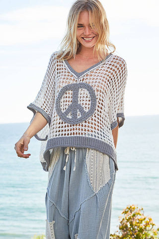 Pol Clothing Oversize V-Neck Short Sleeve Peace Sign Sweater