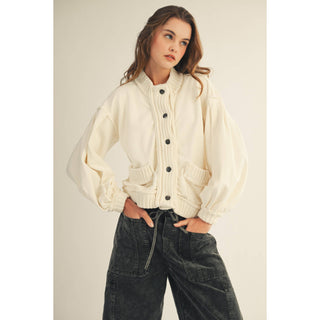 IVE - Washed Vintage Ribbed Knit Trim Cardigan Jacket: OATMEAL / S-M-L-XL(2-2-2-2)