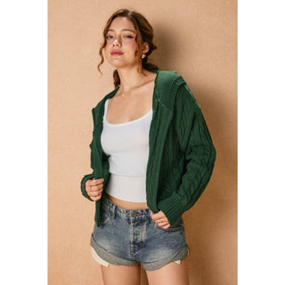 Cable Knit Hooded Zip Up Cardigan