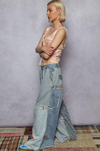 Blue Patchwork Wide-Leg Statement Jeans