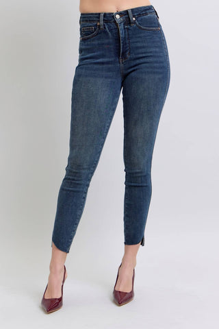 Judy Blue high waist dark wash tummy control skinny jeans with step hem detail