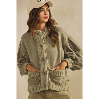 IVE - Washed Vintage Ribbed Knit Trim Cardigan Jacket: OATMEAL / S-M-L-XL(2-2-2-2)