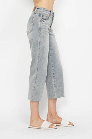 Judy Blue Mid Rise Light Wash Tummy Control Raw Hem Crop Wide Leg Jeans