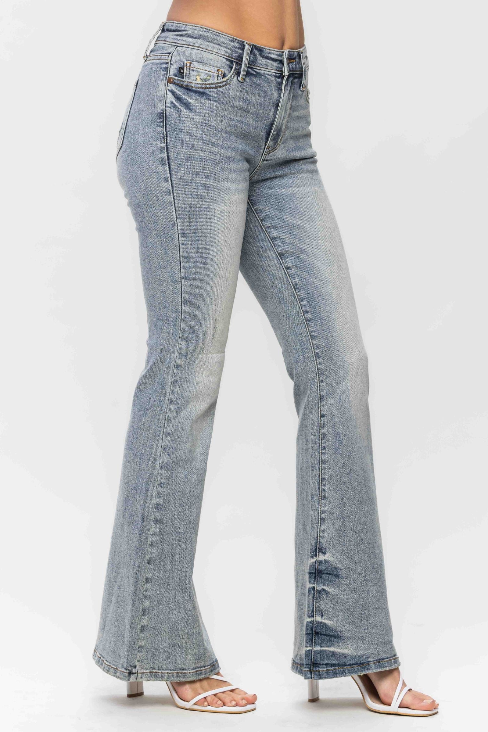 thumbnail image 2 of Megan Mid Rise Tinted Pin Tack Detail Flare Jeans – Judy Blue 2 of 10