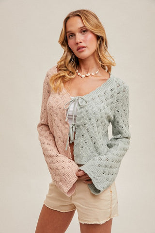 Hem and Thread Color Block Scallop Detail Front Tie Cardigan