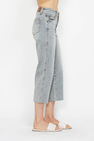 Judy Blue Mid Rise Light Wash Tummy Control Raw Hem Crop Wide Leg Jeans