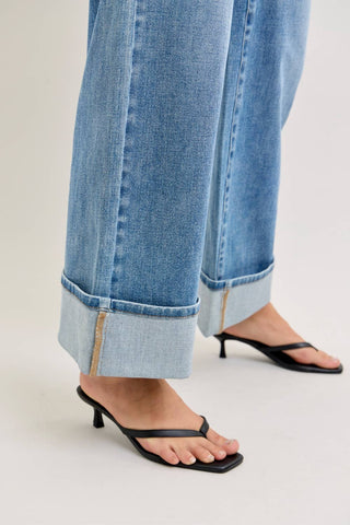 Judy Blue Mid Rise Medium Wash Straight Leg Jeans with Fold Over Waistband