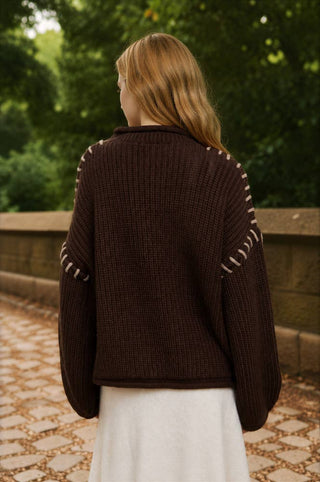 Blu Pepper Contrast-Stitch Mock Neck Sweater – Chocolate