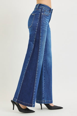 RISEN High Rise Contrast Side Panel Wide Leg Jeans