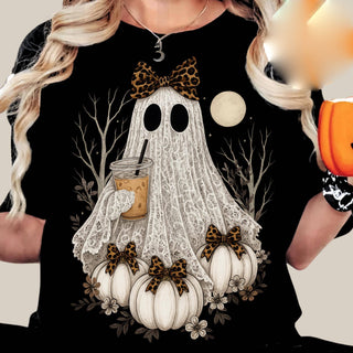 Leopard Bow Ghost & Pumpkins T-Shirt – Cute Spooky Season Graphic Tee