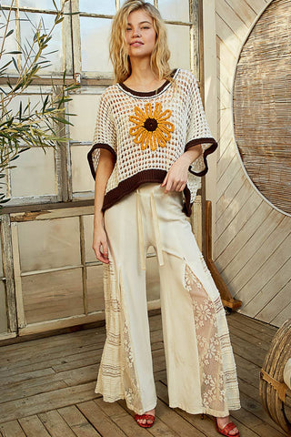 Pol Clothing - Round neck sleeveless floral thin sweater top SALE: BLACK/BEIGE / L