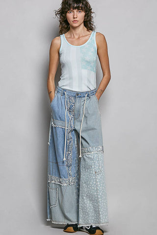 Blue Patchwork Wide-Leg Statement Jeans