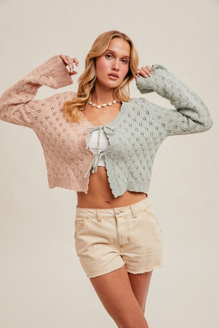 Hem and Thread Color Block Scallop Detail Front Tie Cardigan