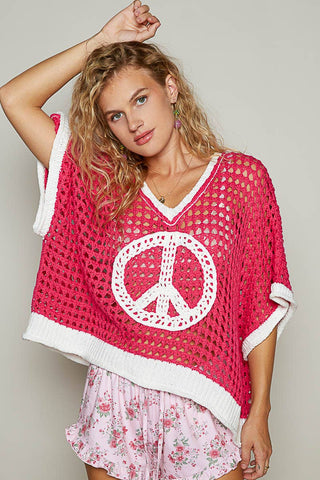 Pol Clothing Oversize V-Neck Short Sleeve Peace Sign Sweater