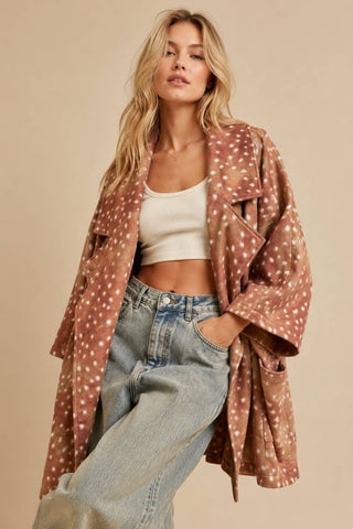 J.NNA - Cozy Fawn Print Oversized Cardigan Coat: BAMBI BROWN / M