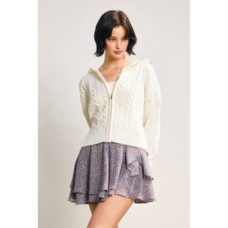 Cable Knit Hooded Zip Up Cardigan