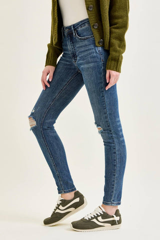 Judy Blue Mid Rise Dark Wash Tummy Control Destroy Skinny Jeans