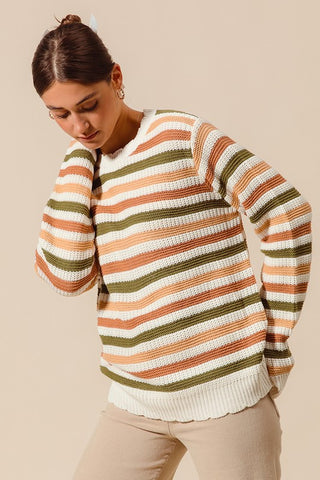 Multi Color Stripe Sweater With Scalloped Edge