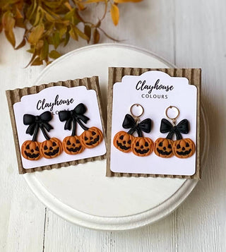 Clayhouse Colours - Pumpkin Bow Earrings | Jack-O-Lantern Earrings : Style 1 Circle Dangle