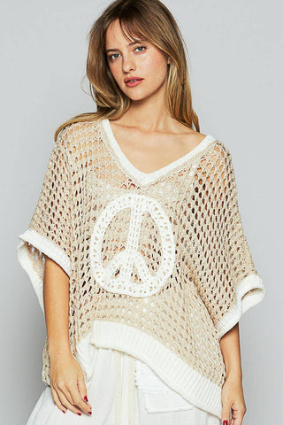 Pol Clothing Oversize V-Neck Short Sleeve Peace Sign Sweater