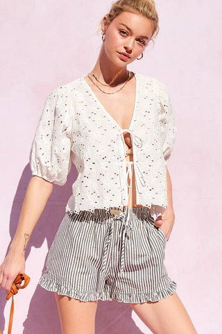 Coastal Stripe Ruffle Hem Drawstring Shorts