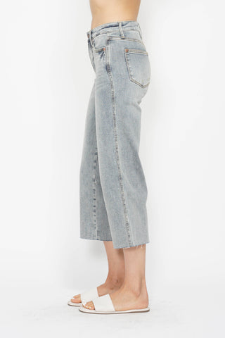 Judy Blue Mid Rise Light Wash Tummy Control Raw Hem Crop Wide Leg Jeans