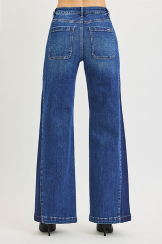 RISEN High Rise Contrast Side Panel Wide Leg Jeans