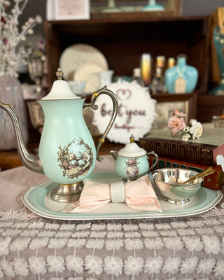 Hand Painted French Country Vintage Tea Set with Tray – Cottage Kitchen Decor