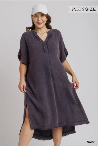Plus Size Mineral Wash Cotton Gauze Split Neck Midi Dress NAVY / 1XL