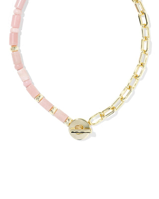 Gold half beaded, half paperclip chain necklace with a modern toggle clasp design.