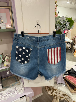 American Flag Print Pockets Denim Shorts