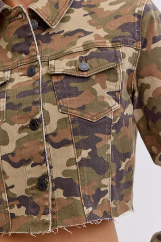 Camo Cropped Denim Jacket – Frayed Hem