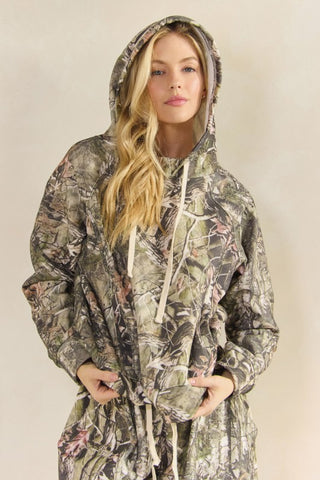 Camo Print French Terry Drawstring Hoodie