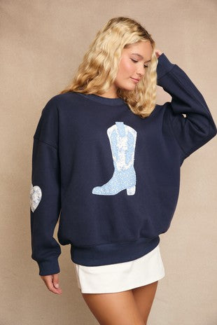 Patchwork Cowboy Boots Oversized Sweatshirt - Navy