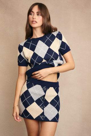 Navy Argyle Knit Sweater Skirt