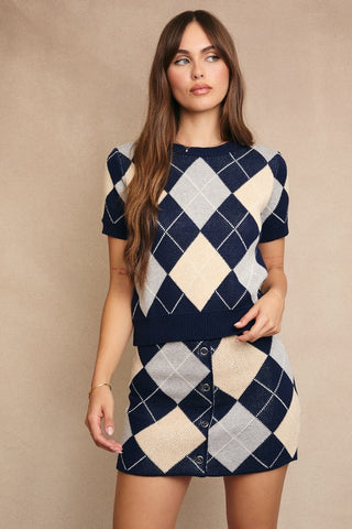 Navy Argyle Knit Sweater Top