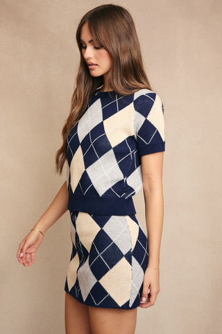 Navy Argyle Knit Sweater Top