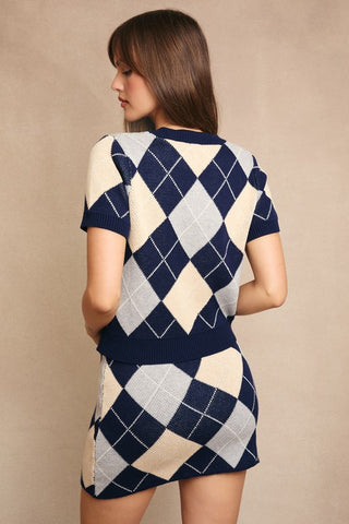Navy Argyle Knit Sweater Top