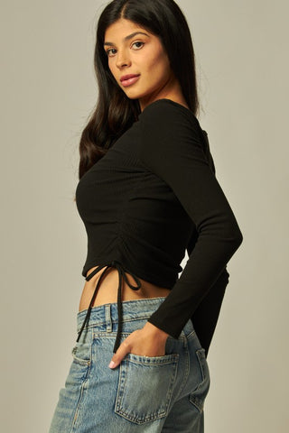 Ruched Side Ribbed Long Sleeve Top