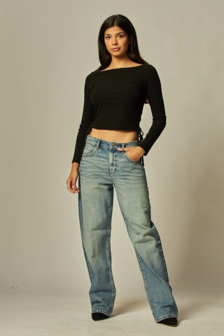 Ruched Side Ribbed Long Sleeve Top