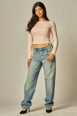 Ruched Side Ribbed Long Sleeve Top